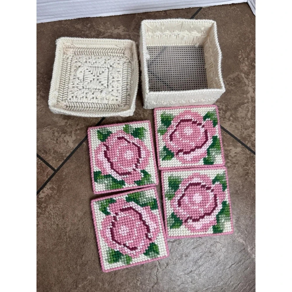 Vintage Floral Needlepoint Coasters Set of 4 Pink Rose Square 4x4
